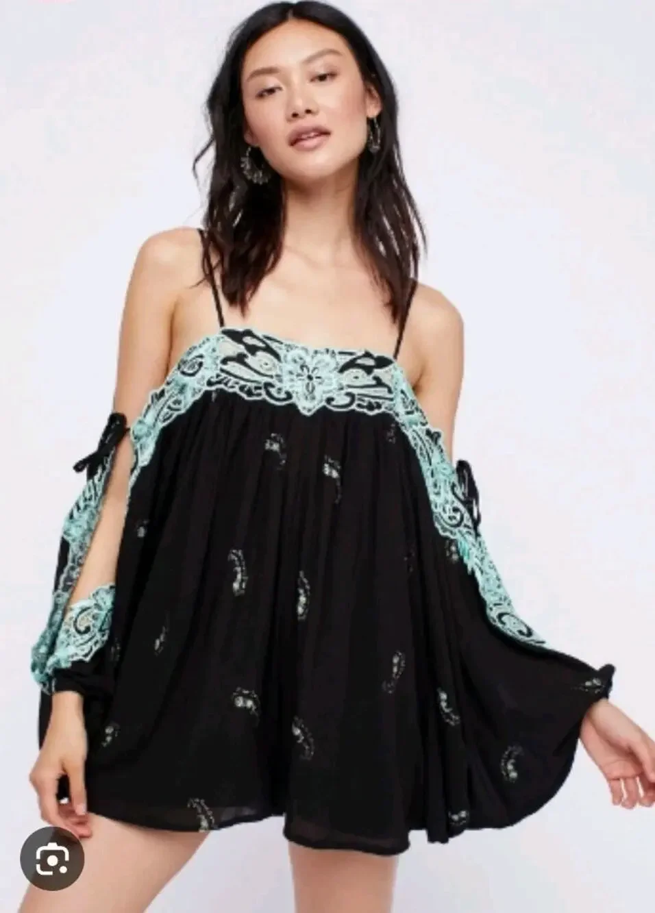 Free People Black Lace Romper Boho Cold Shoulder Open Flowy Sleeves Small OOS